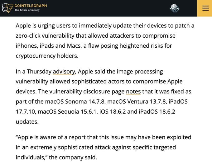 Silent Strike: Apple's Zero-Click Vulnerability Leaves Crypto Holders Exposed to Devastating Attacks